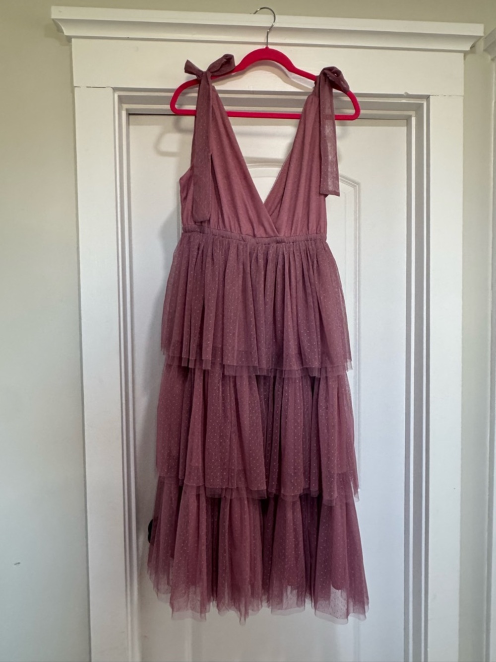 Three Bird Nest / In Loom-Large Dusty Mauve Tiered Tulle Midi Dress w/Tie Straps